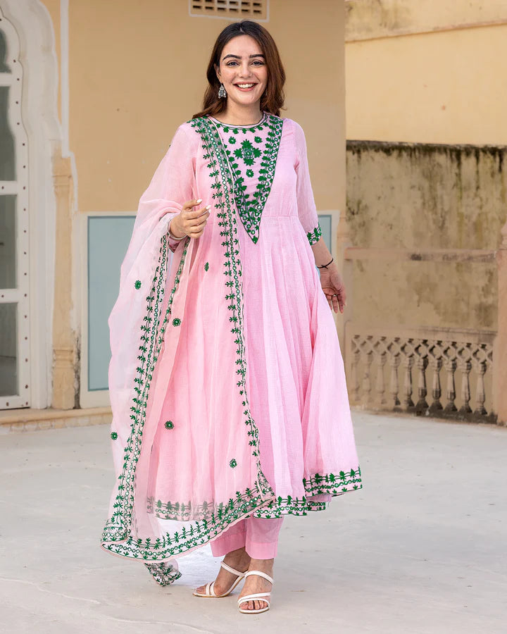 blush pink kota doria Anarkali suit set TD-113