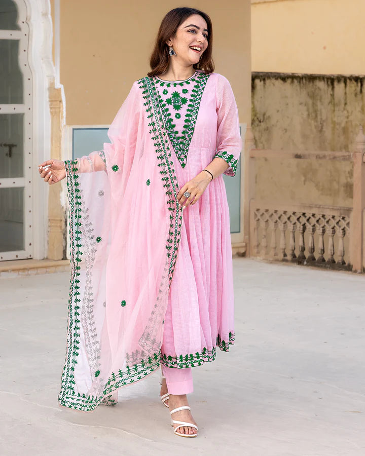 blush pink kota doria Anarkali suit set TD-113