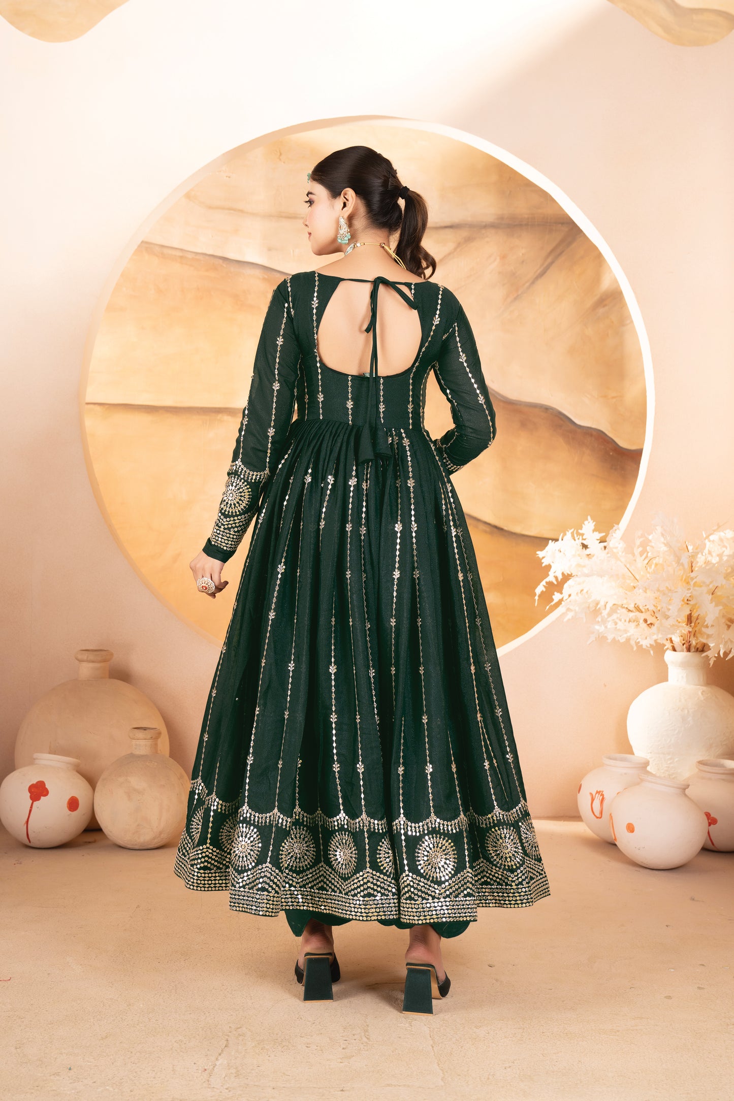 Vidhi`s Dark Green Embroidered Anarkali Full Stitched Suit Set