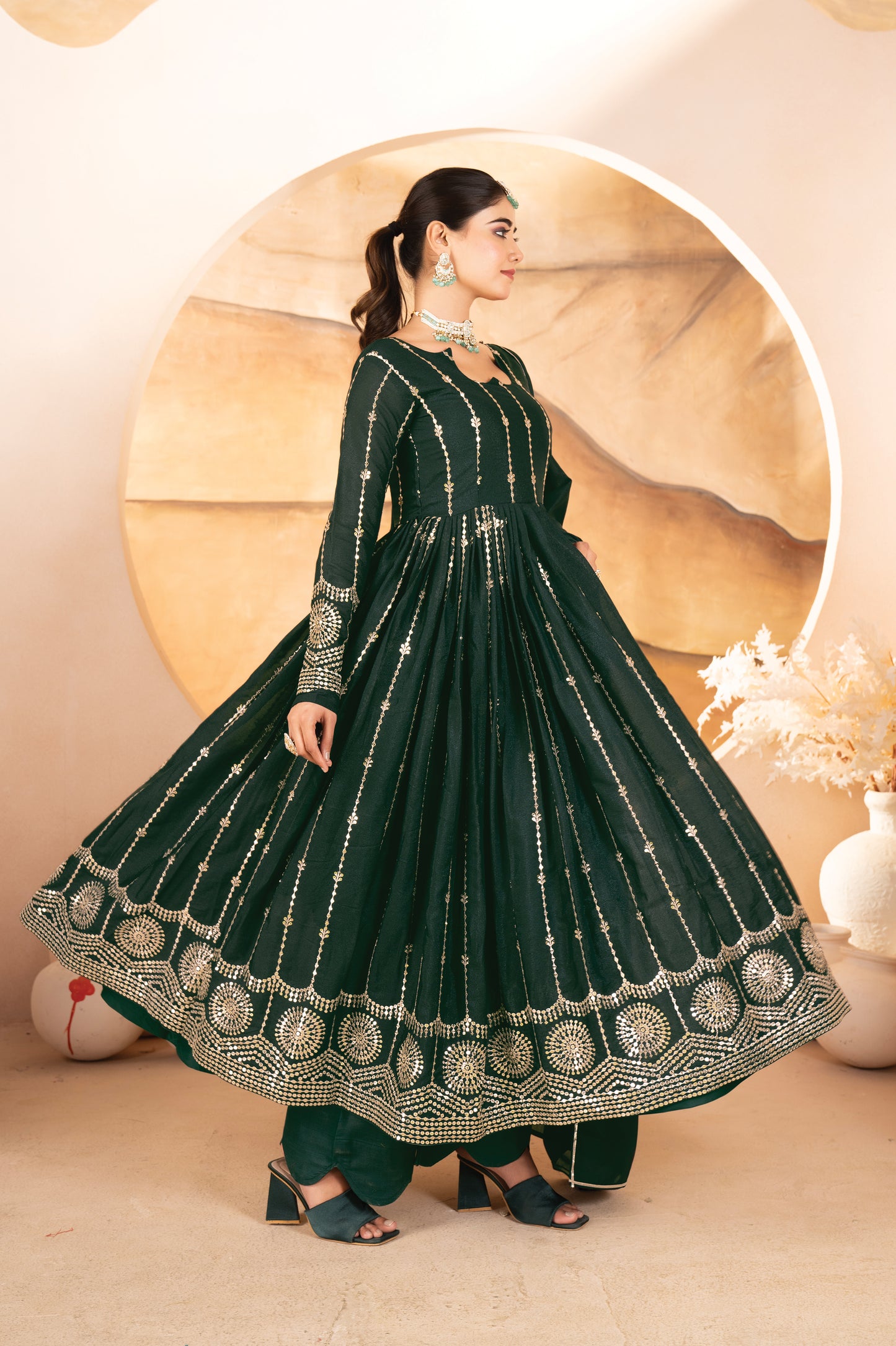 Vidhi`s Dark Green Embroidered Anarkali Full Stitched Suit Set