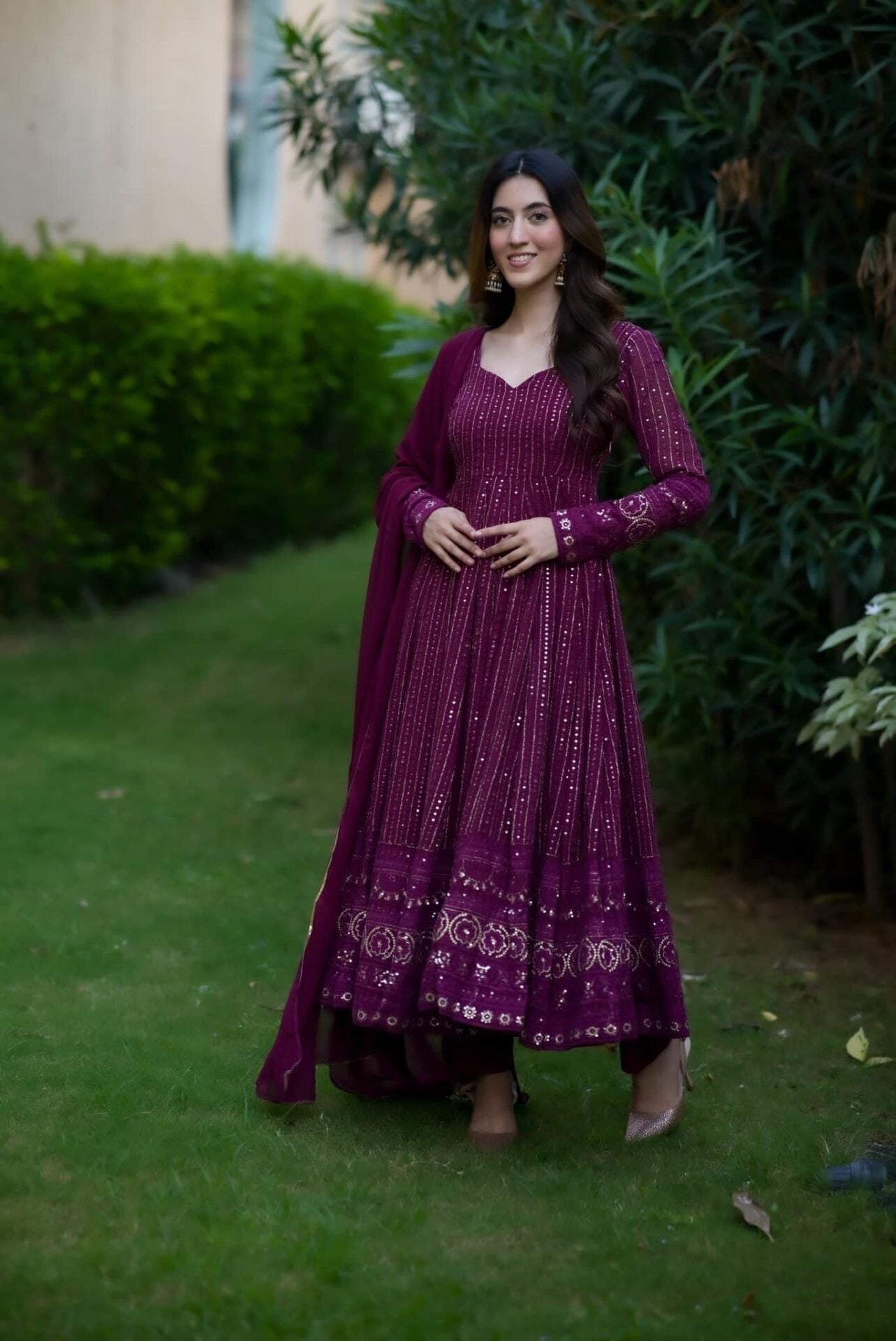 WINE PURPLE READYMADE KALI-CUT ANARKALI SUIT SET TD-6039