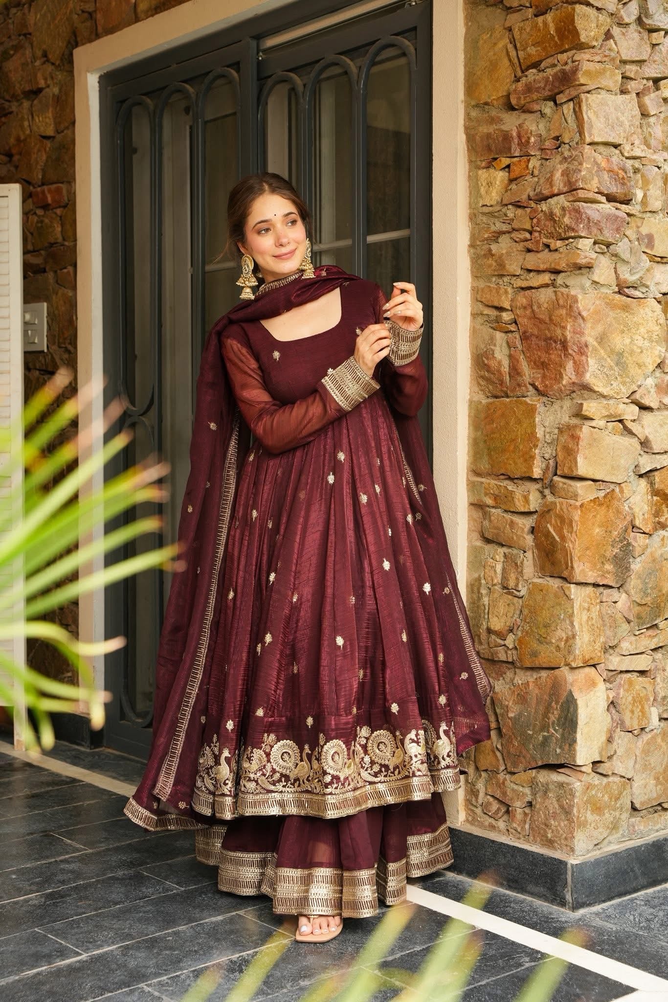 Morani`s Maroon Anarkali Premium Suit Set