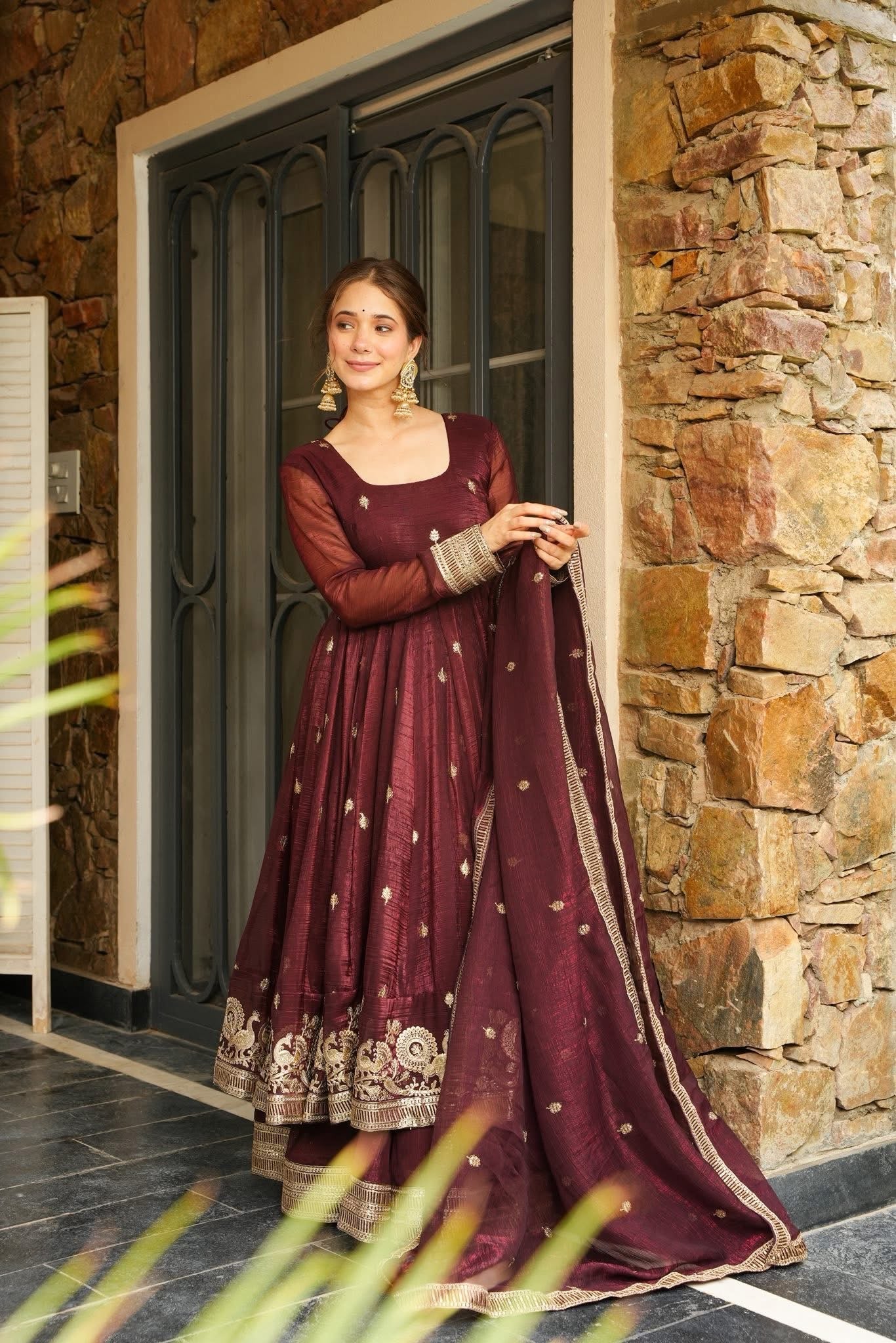 Morani`s Maroon Anarkali Premium Suit Set