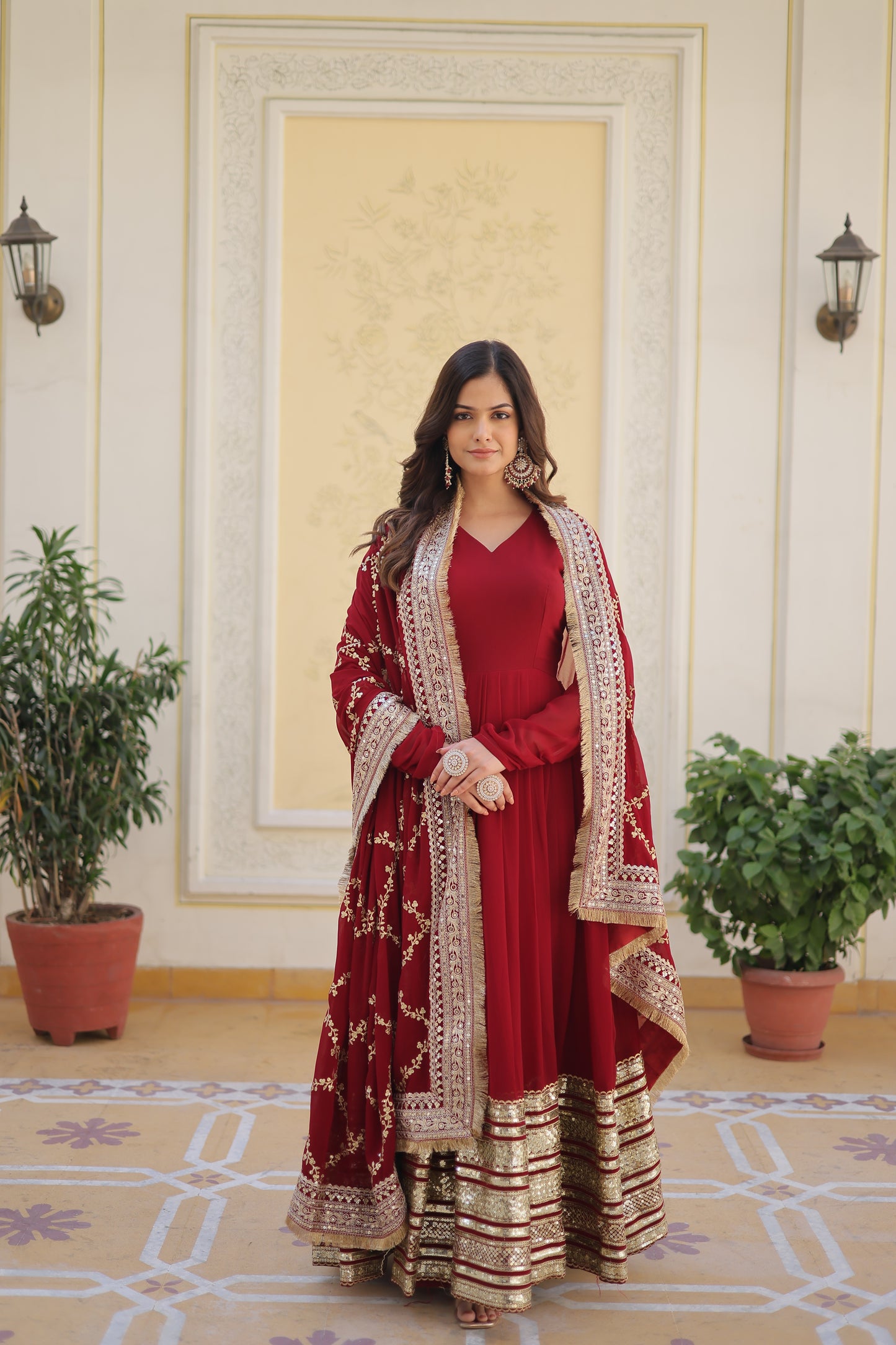 DARK MAROON Blooming Gown with Dupatta With Attractive Embroidered Sequins work.