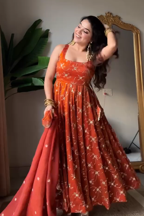 Nirali's' Orange Anarkali Premium Suit Set
