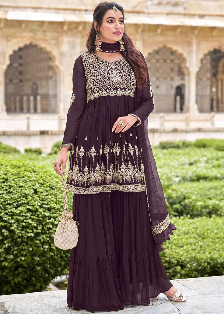 Zarna's Embroidered Party Wear Chiffon Top Plazzo Suit Set