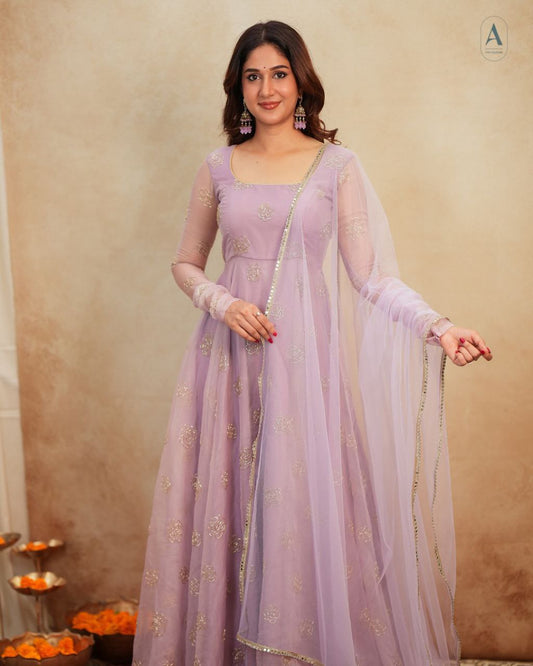 Rajvi's' Pastel purple Anarkali Premium Suit Set