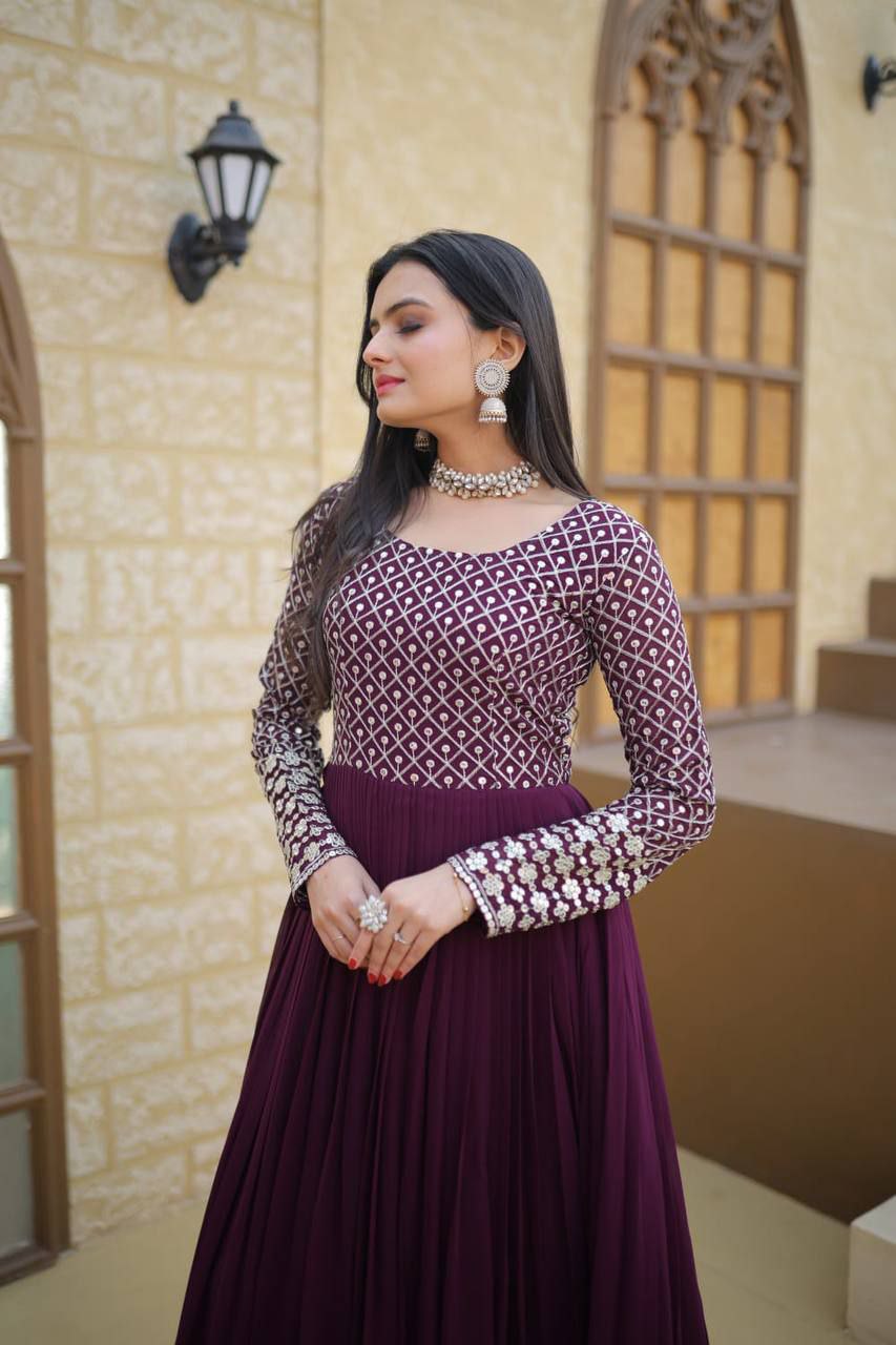 Faux Blooming With Sequins-Multi & Zari Embroidered Work LW-9122 Wine colour GOWN