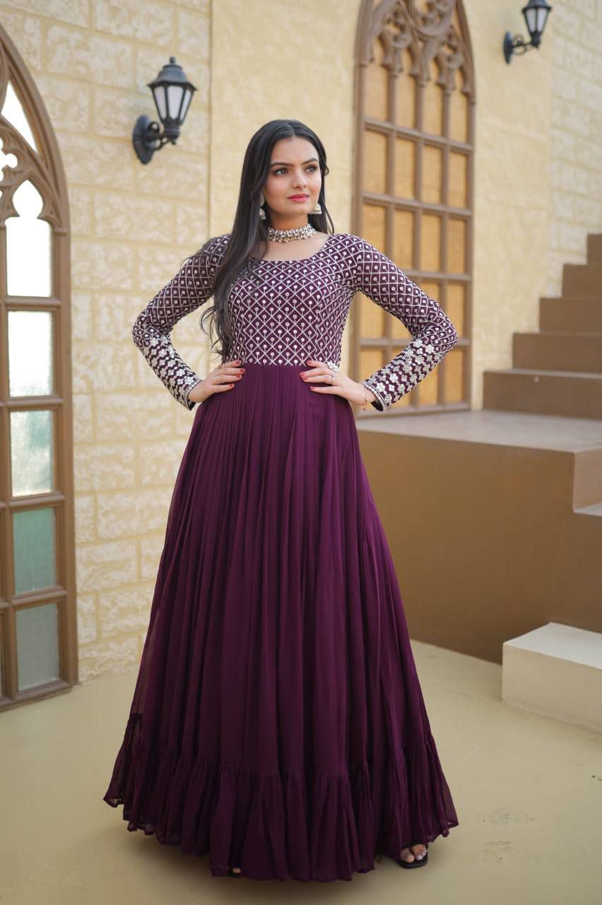 Faux Blooming With Sequins-Multi & Zari Embroidered Work LW-9122 Wine colour GOWN