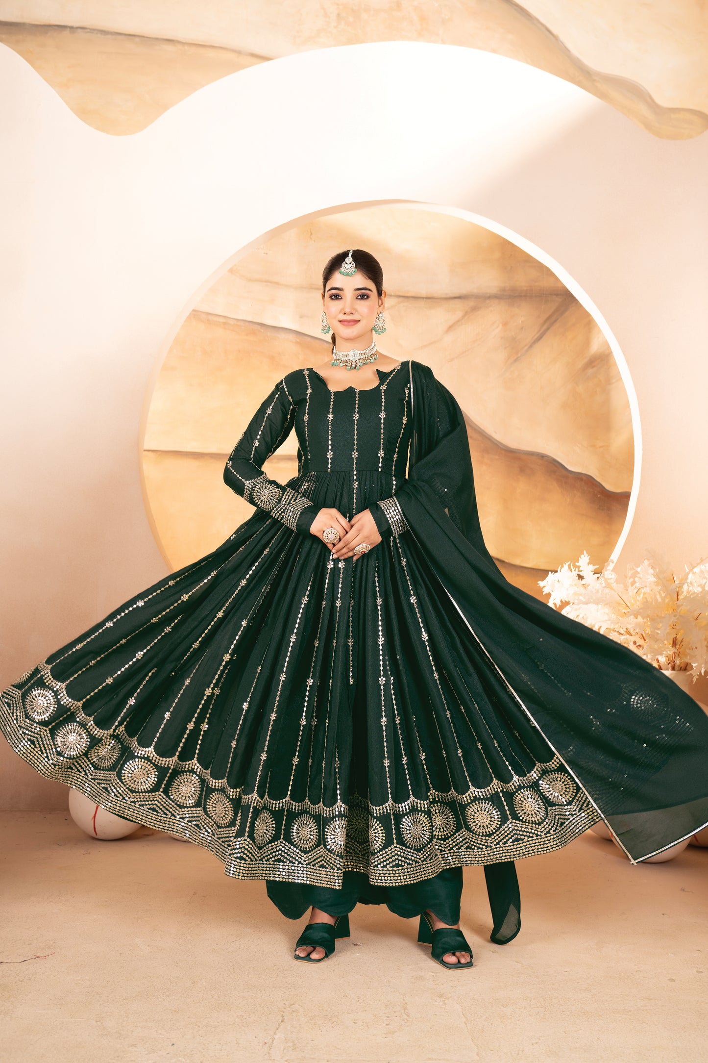 Vidhi`s Dark Green Embroidered Anarkali Full Stitched Suit Set