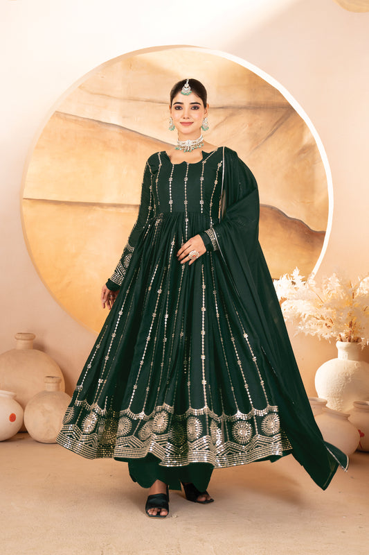 Vidhi`s Dark Green Embroidered Anarkali Full Stitched Suit Set
