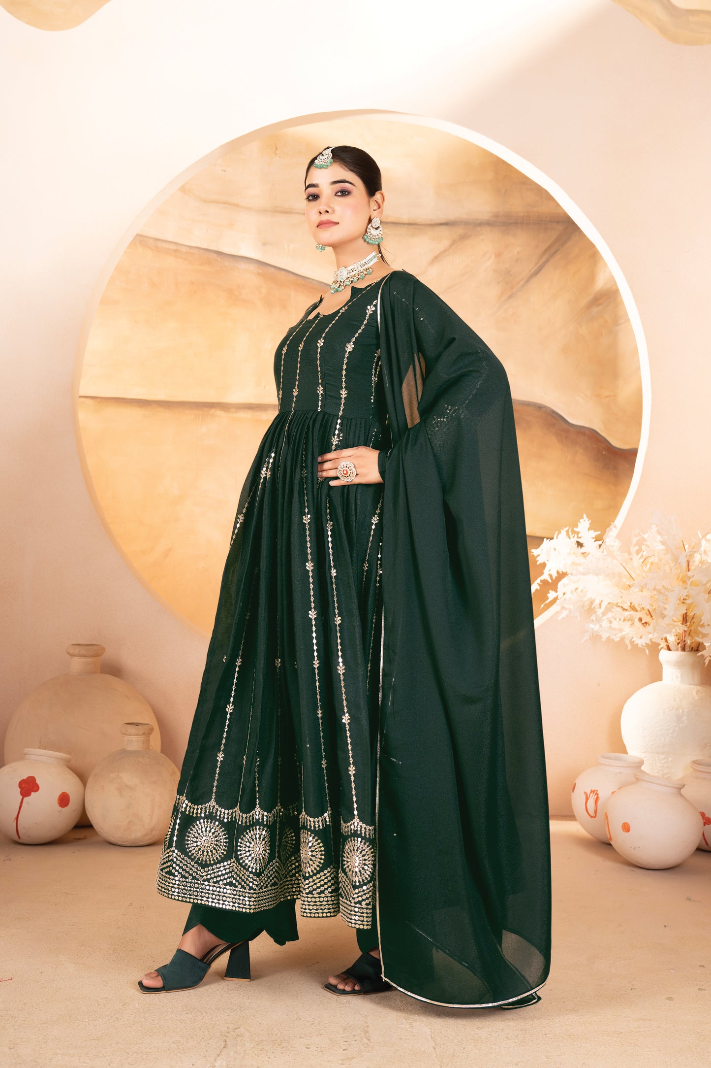 Vidhi`s Dark Green Embroidered Anarkali Full Stitched Suit Set