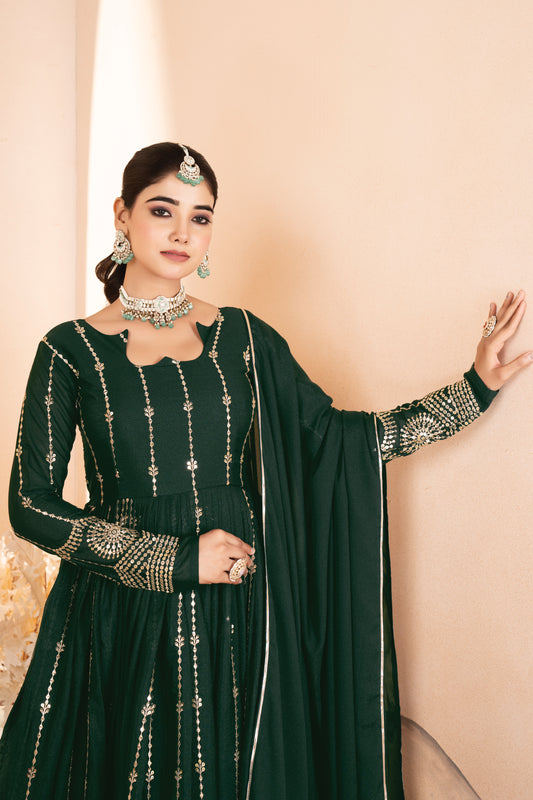 Vidhi`s Dark Green Embroidered Anarkali Full Stitched Suit Set