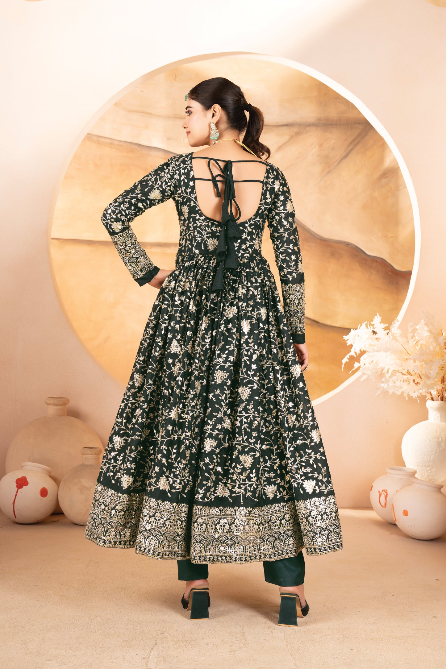 Rukhsana`s  Dark Green Embroidered Anarkali Full Stitched Suit Set