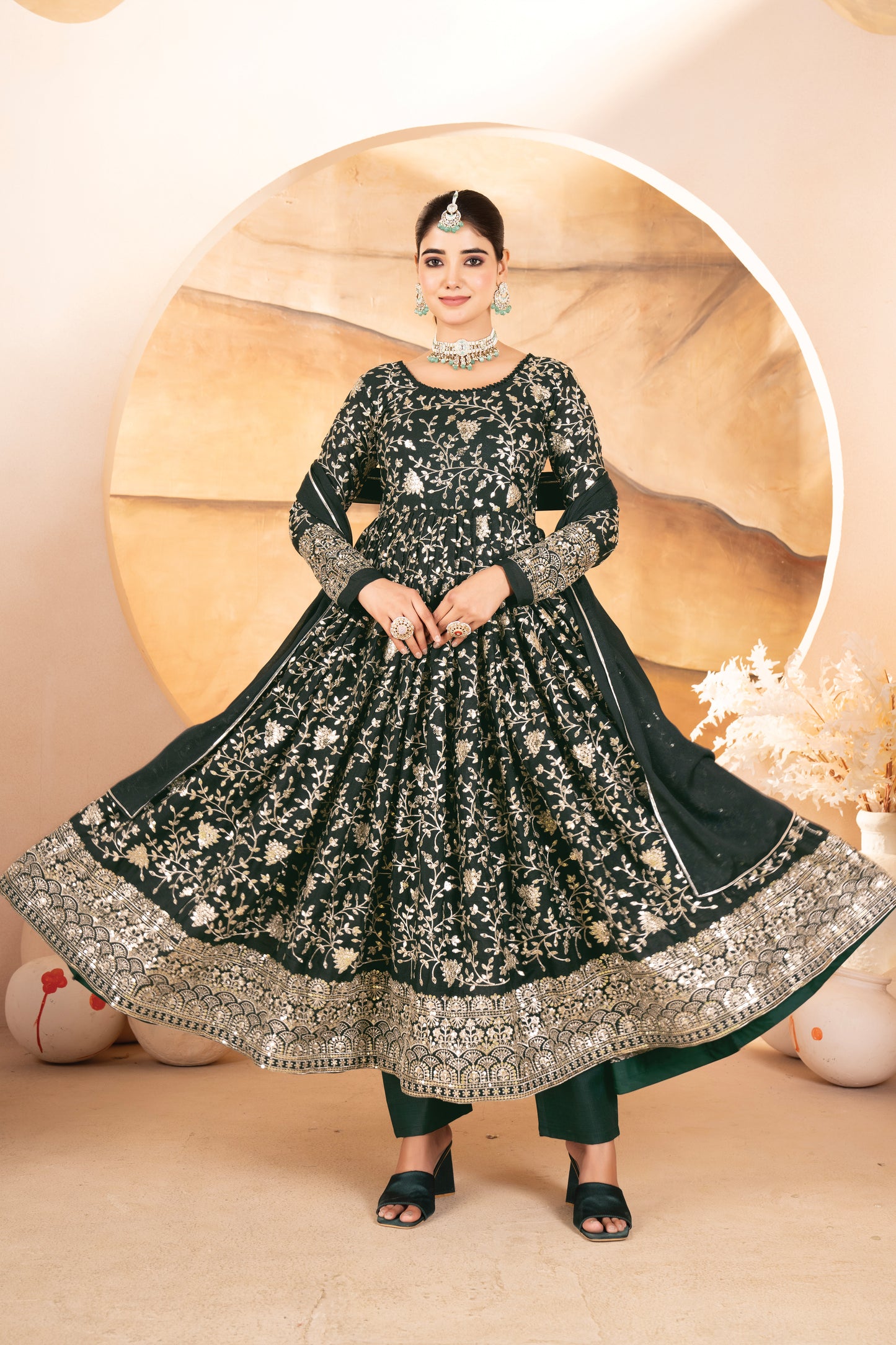 Rukhsana`s  Dark Green Embroidered Anarkali Full Stitched Suit Set
