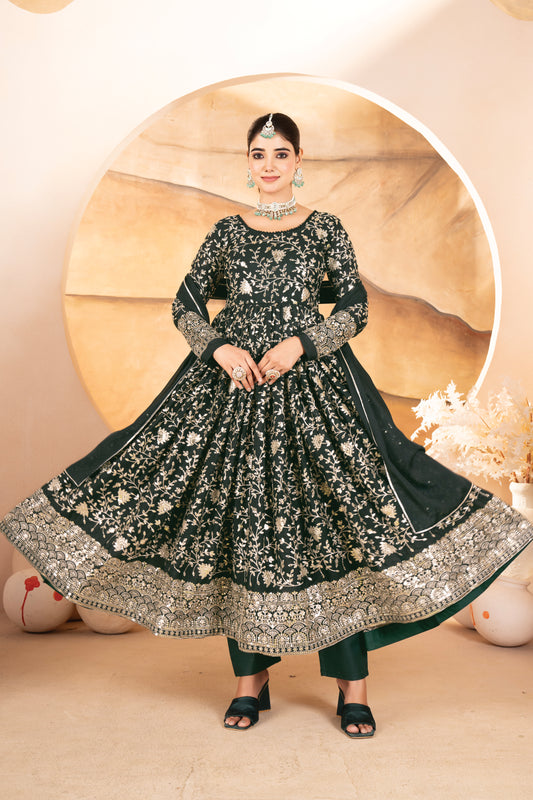 Rukhsana`s  Dark Green Embroidered Anarkali Full Stitched Suit Set