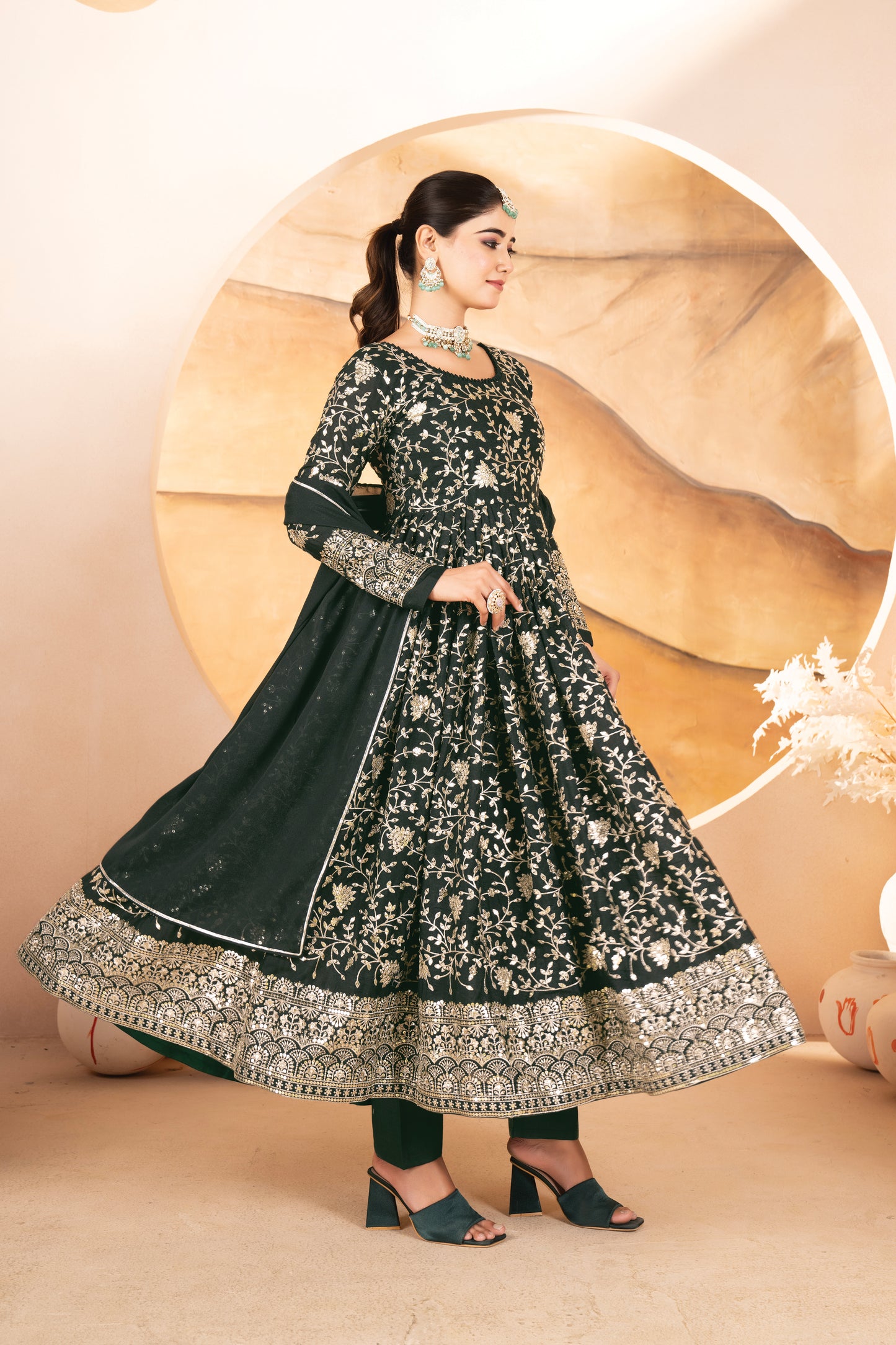 Rukhsana`s  Dark Green Embroidered Anarkali Full Stitched Suit Set