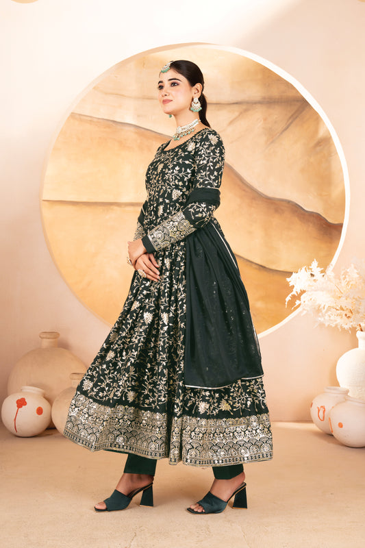 Rukhsana`s  Dark Green Embroidered Anarkali Full Stitched Suit Set
