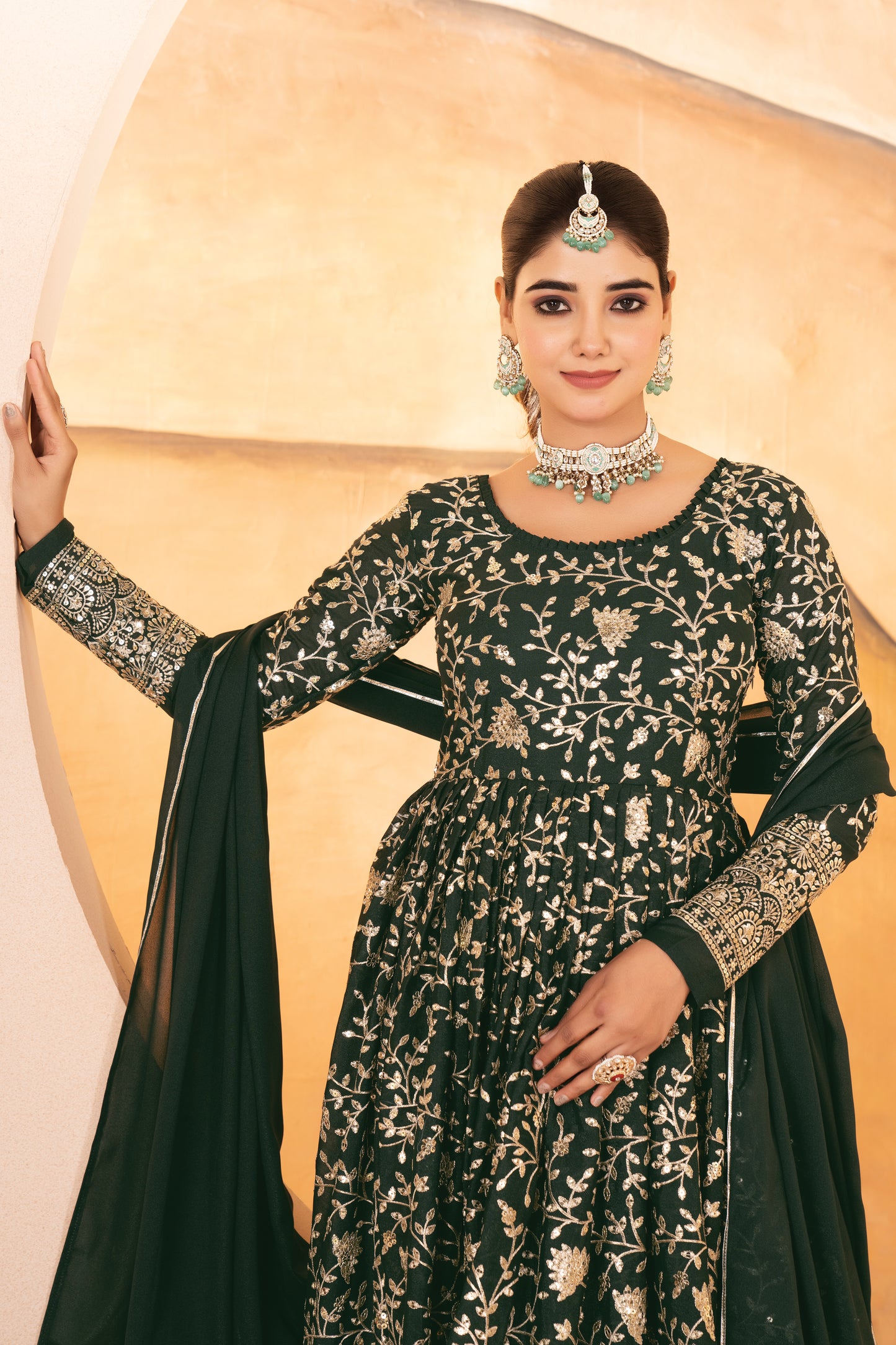 Rukhsana`s  Dark Green Embroidered Anarkali Full Stitched Suit Set
