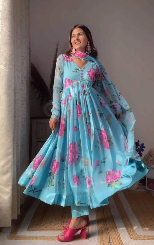 ANISKA SKY BLUE FLORAL PRINT ORGANZA SUIT SET