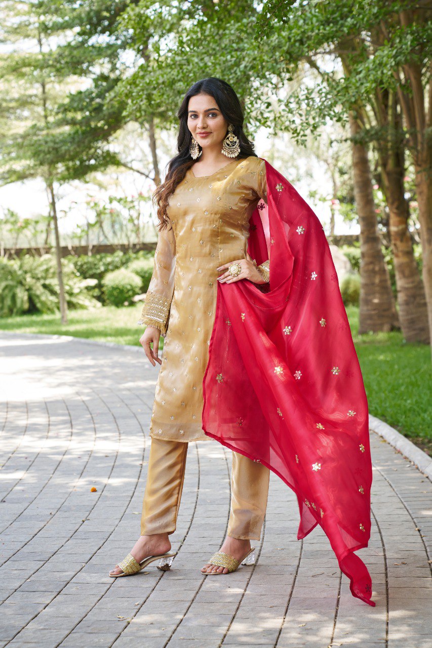 Mahi's Chiku Colours Suit Set With Duble  Duptta Red & Green Bell Sleeves