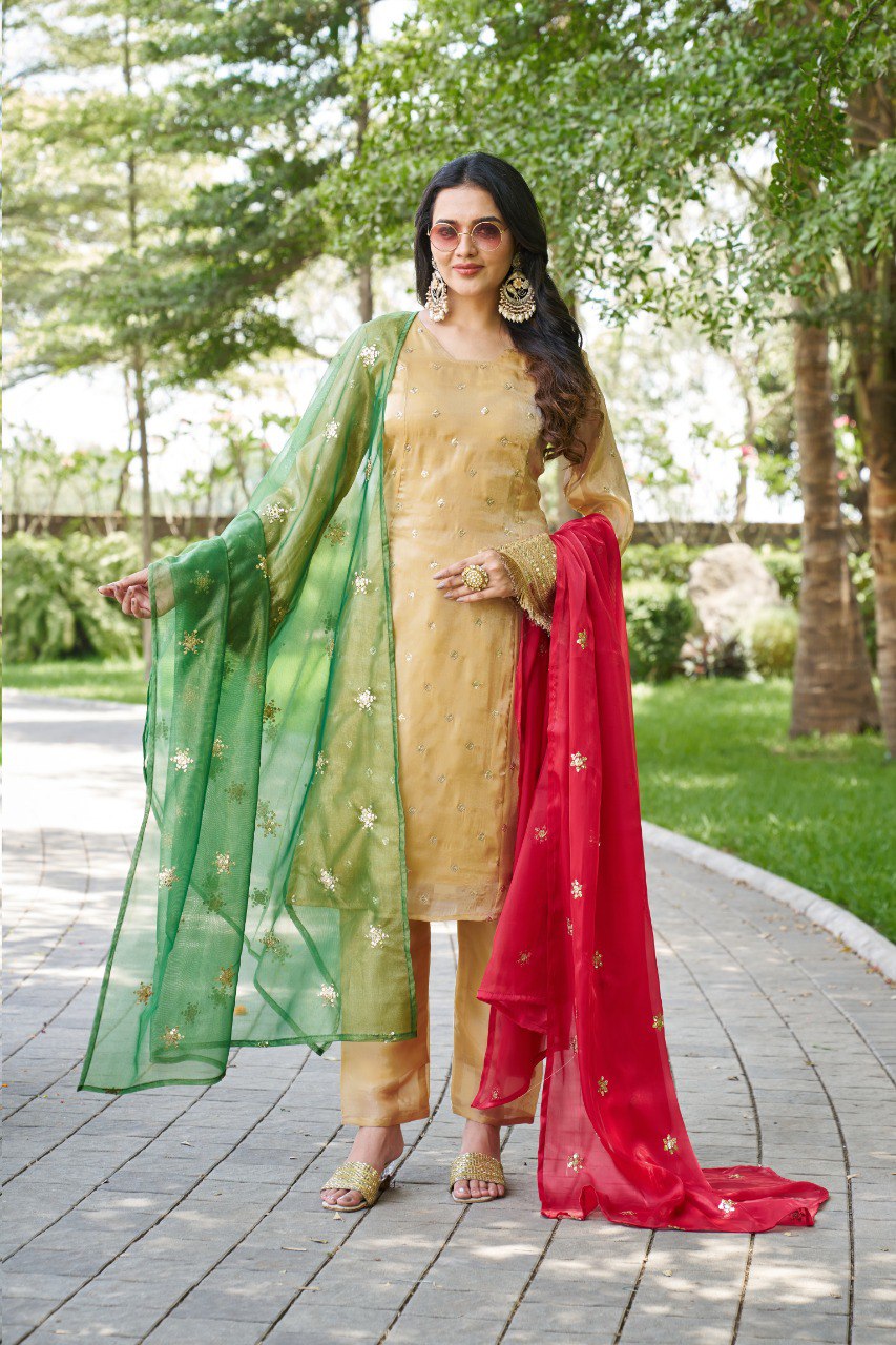Mahi's Chiku Colours Suit Set With Duble  Duptta Red & Green Bell Sleeves