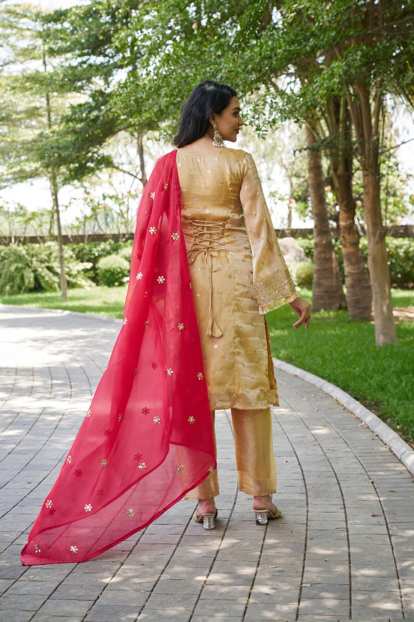 Mahi's Chiku Colours Suit Set With Duble  Duptta Red & Green Bell Sleeves