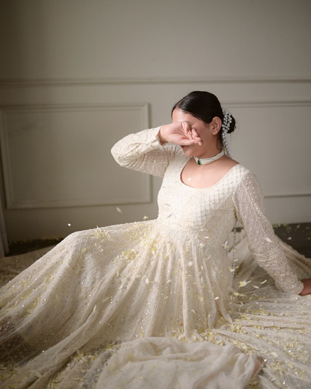 KAIRA'S OFF WHITE BADLO DESIGNER READYMADE GOWN SUIT SET .