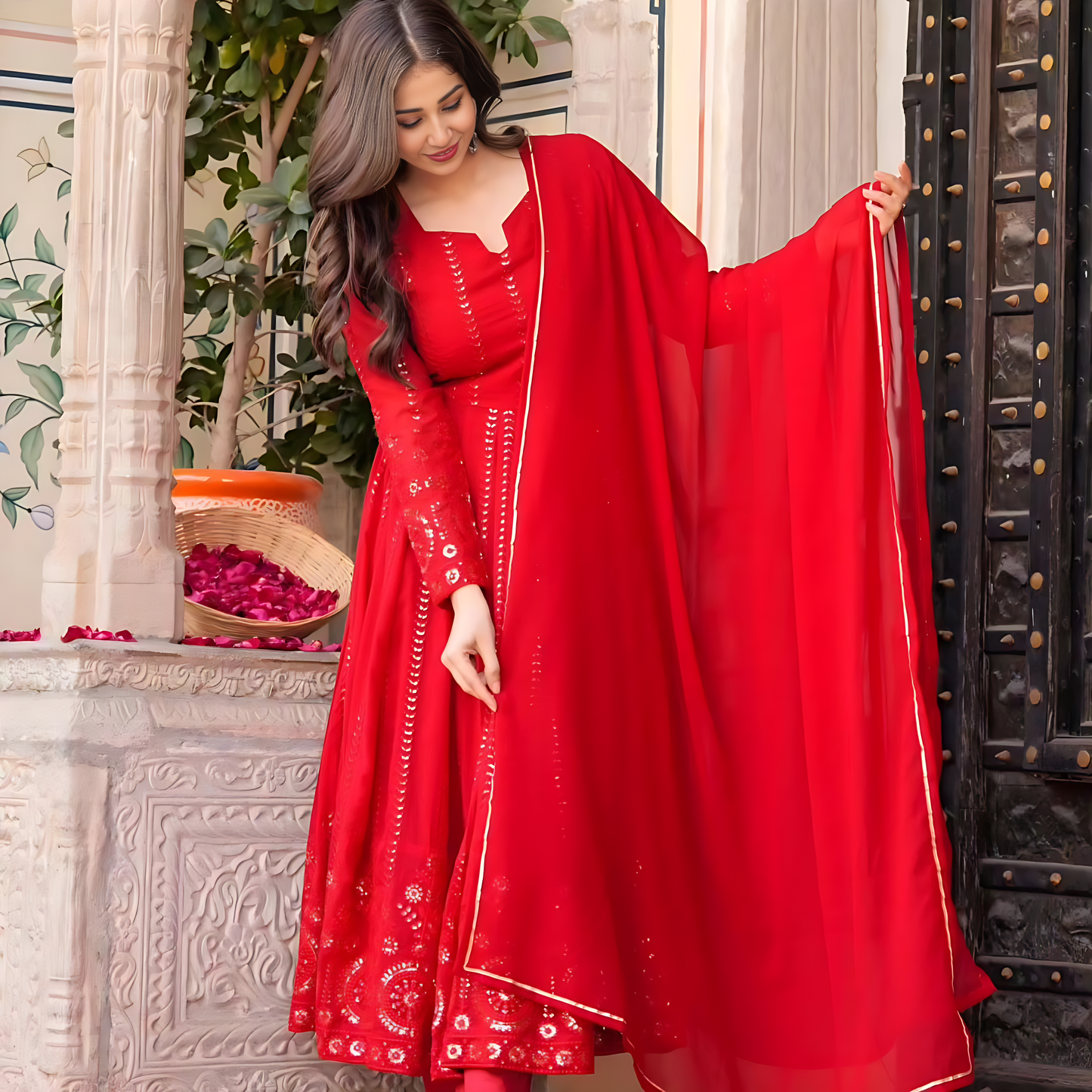 RED EMBROIDERED GEORGETTE SUIT SET