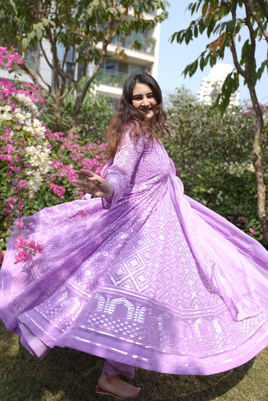 Lucknowi Sequins Work Gown pent and duptta suit set
