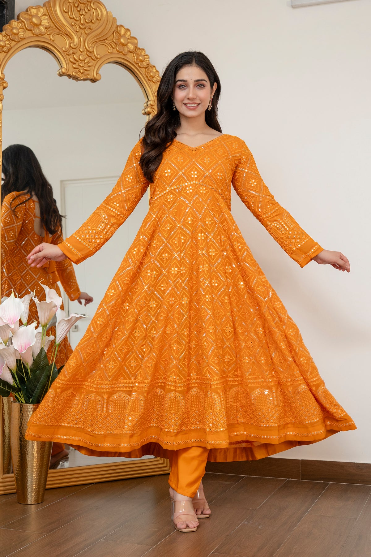 Lucknowi Embroidered Georgette Anarkali Full Stitched Suit Set