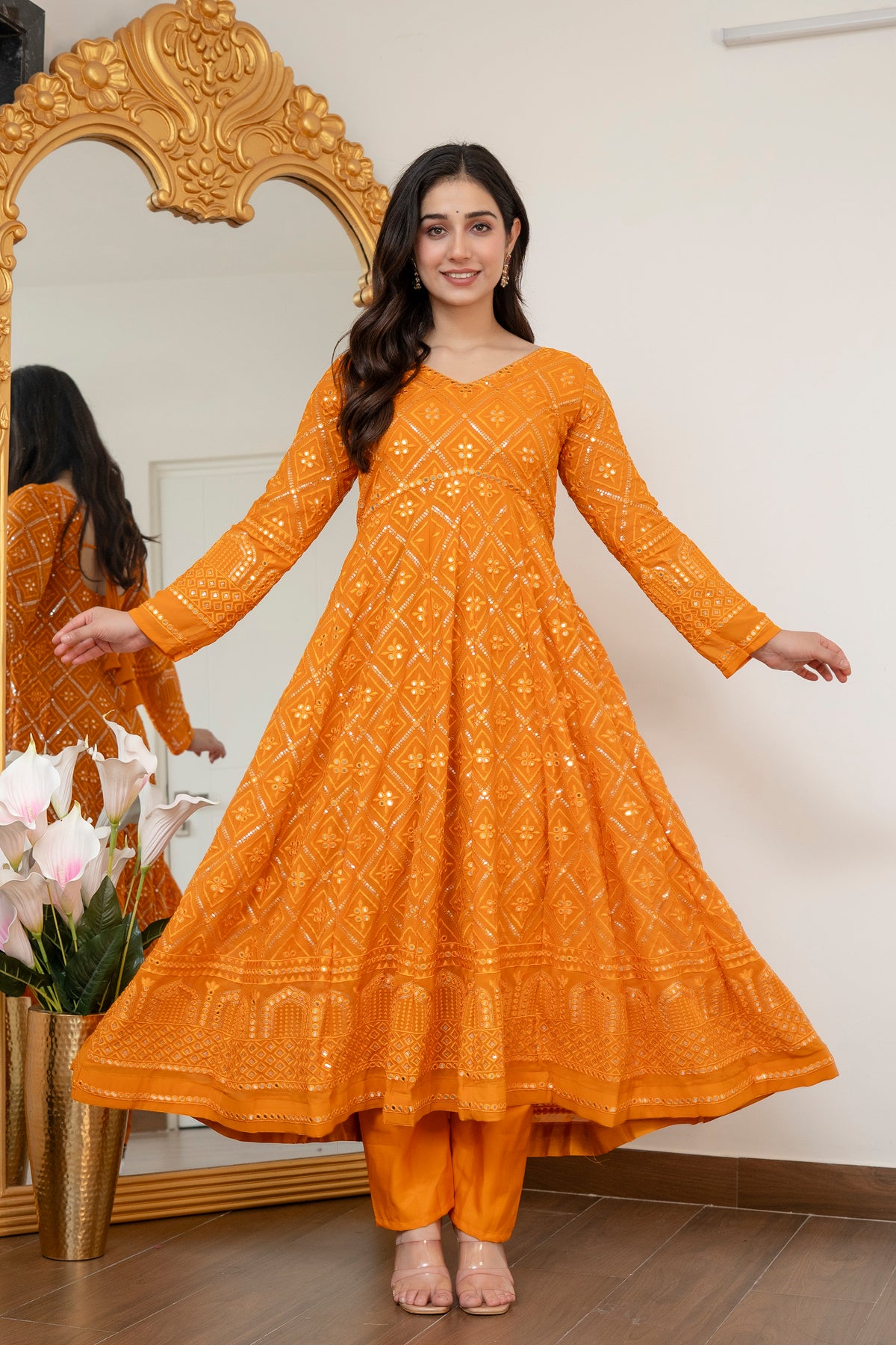 Lucknowi Embroidered Georgette Anarkali Full Stitched Suit Set