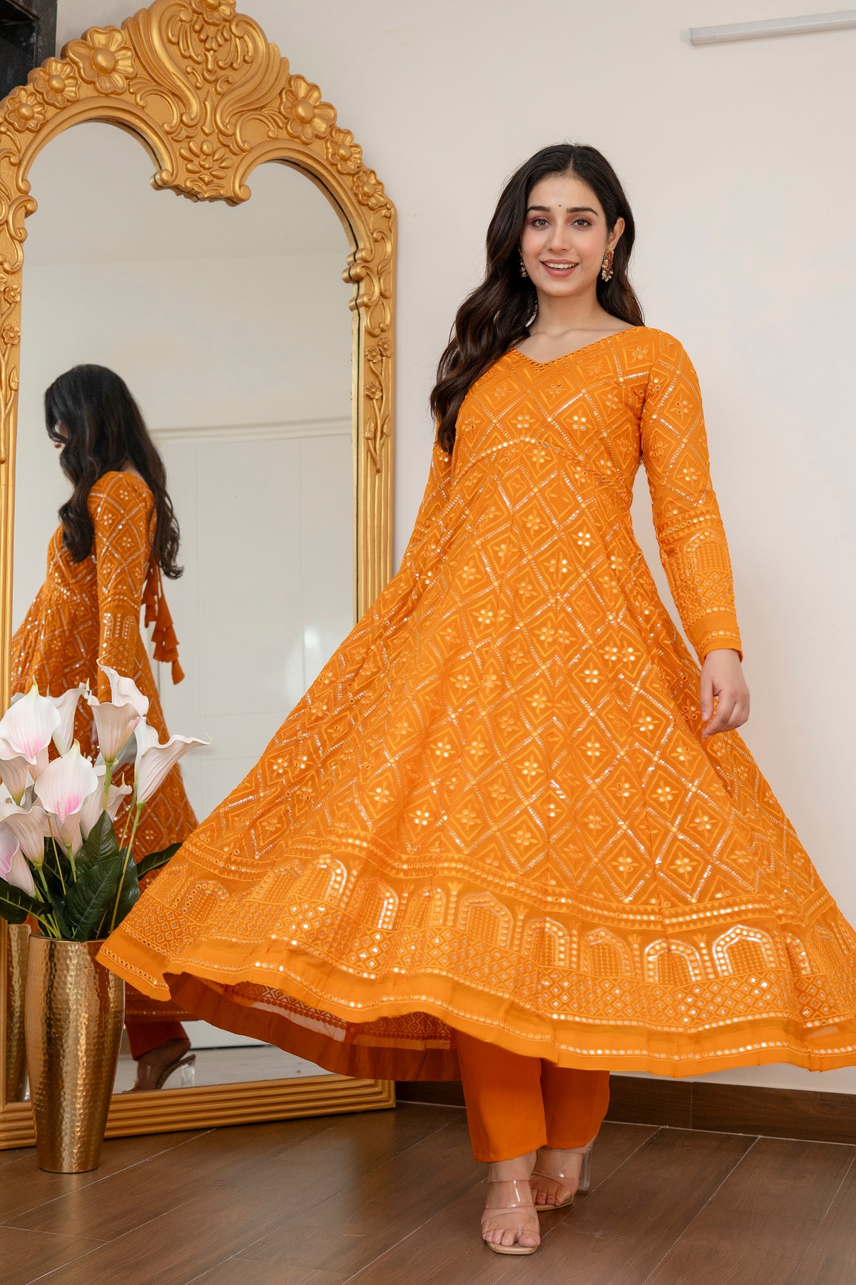 Lucknowi Embroidered Georgette Anarkali Full Stitched Suit Set