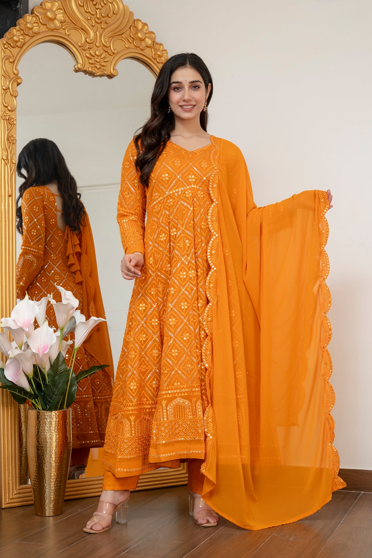 Lucknowi Embroidered Georgette Anarkali Full Stitched Suit Set