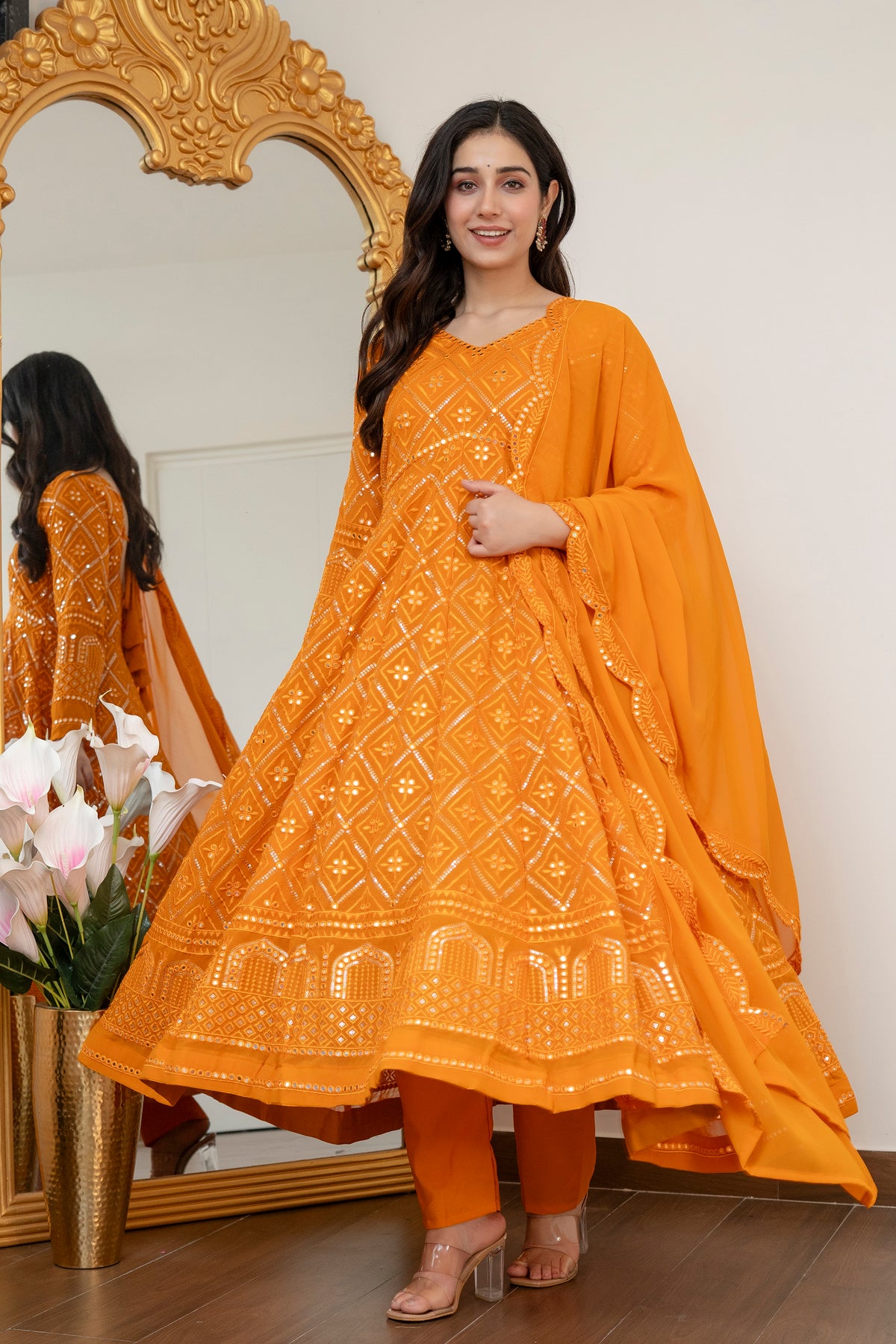 Lucknowi Embroidered Georgette Anarkali Full Stitched Suit Set