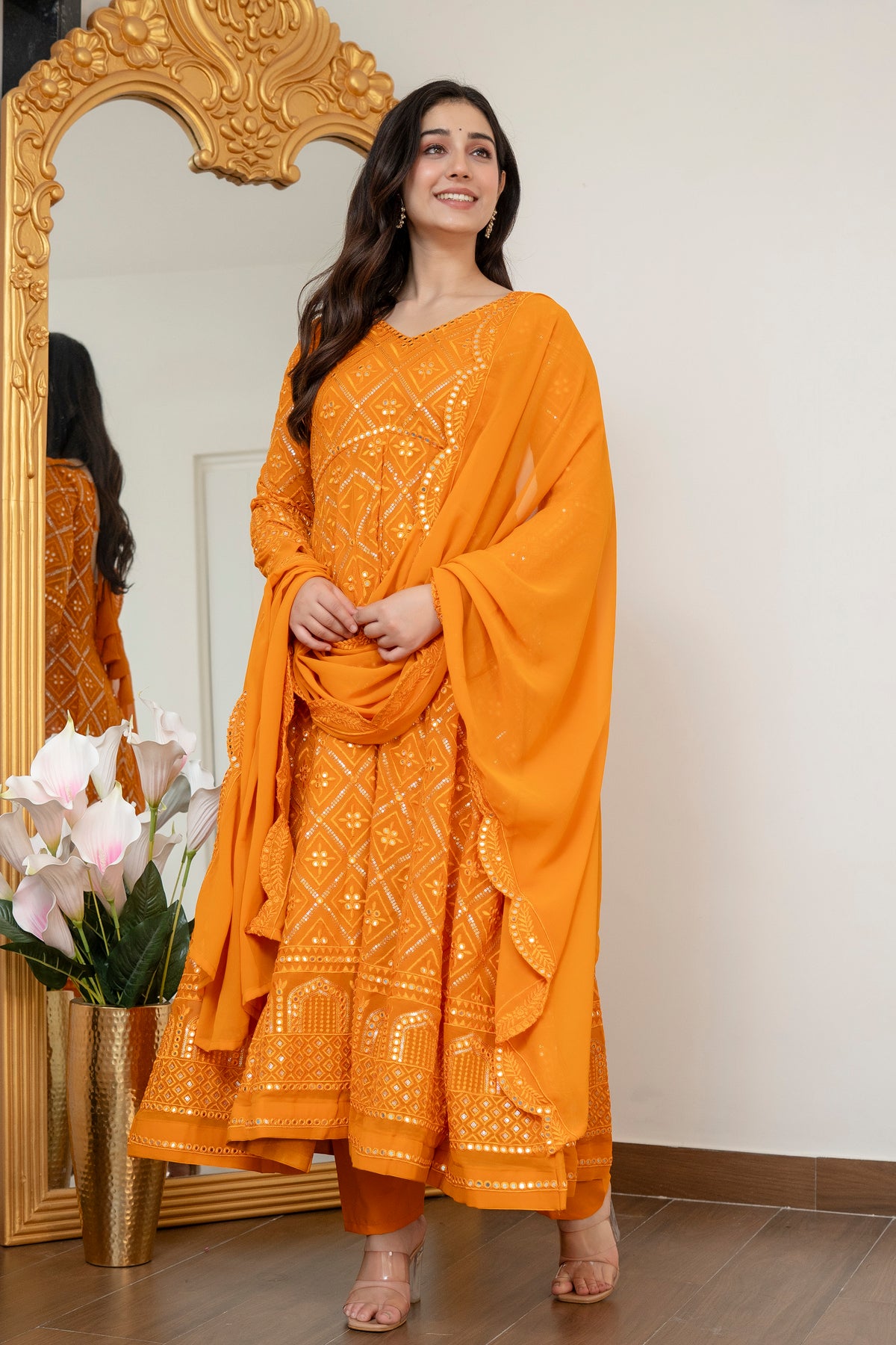 Lucknowi Embroidered Georgette Anarkali Full Stitched Suit Set