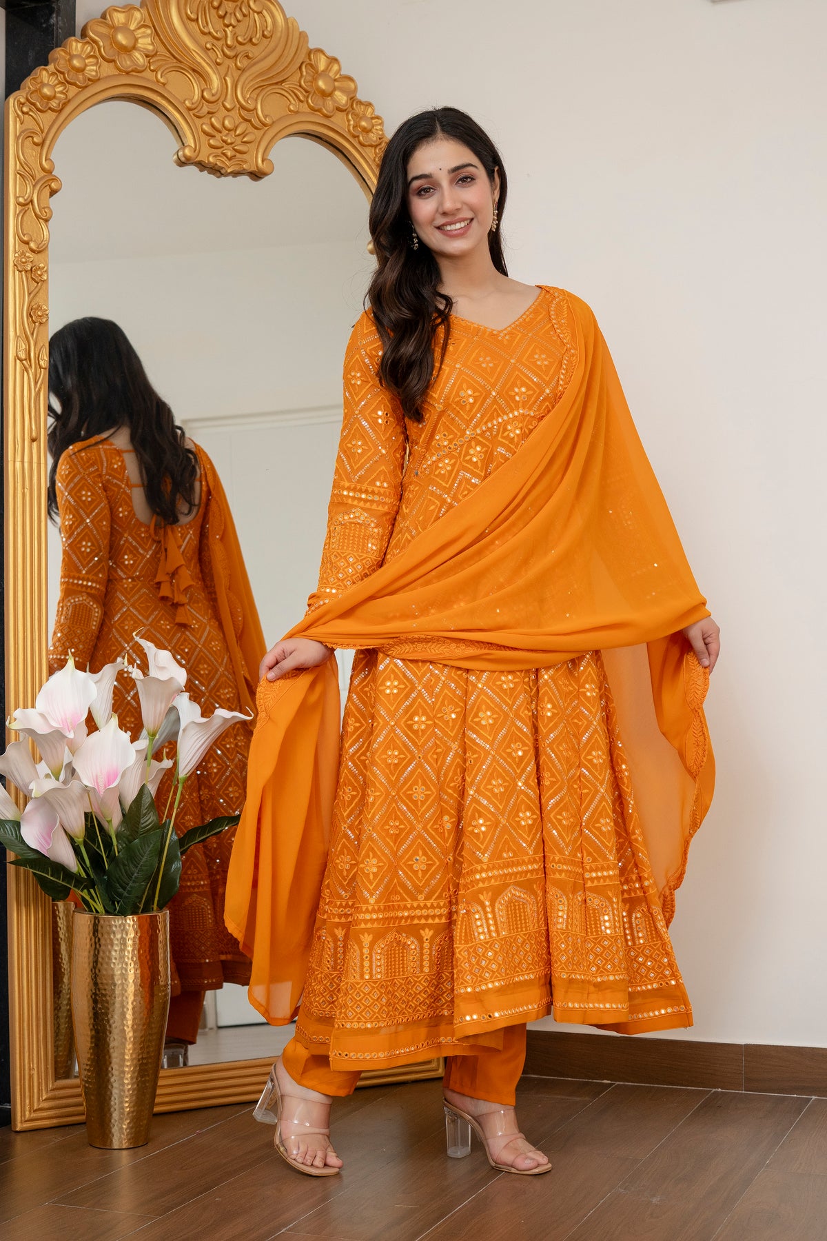 Lucknowi Embroidered Georgette Anarkali Full Stitched Suit Set