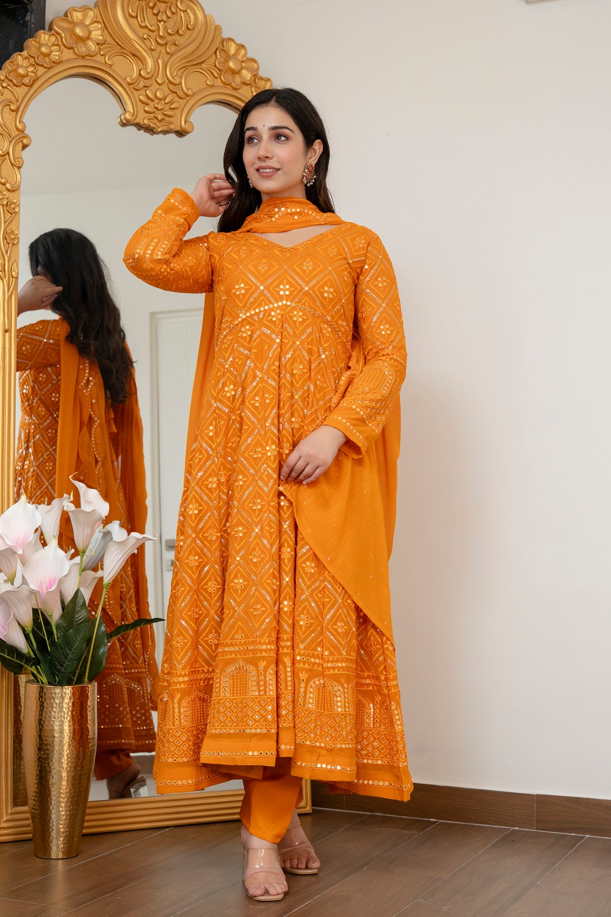 Lucknowi Embroidered Georgette Anarkali Full Stitched Suit Set