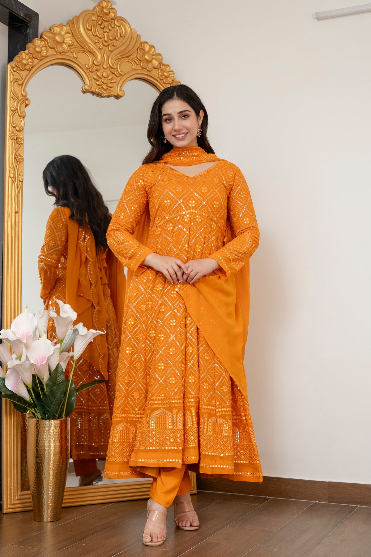 Lucknowi Embroidered Georgette Anarkali Full Stitched Suit Set