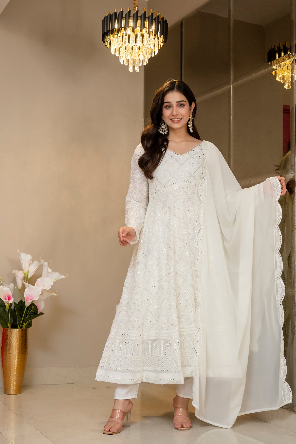 Lucknowi Embroidered Georgette Anarkali Full Stitched Suit Set