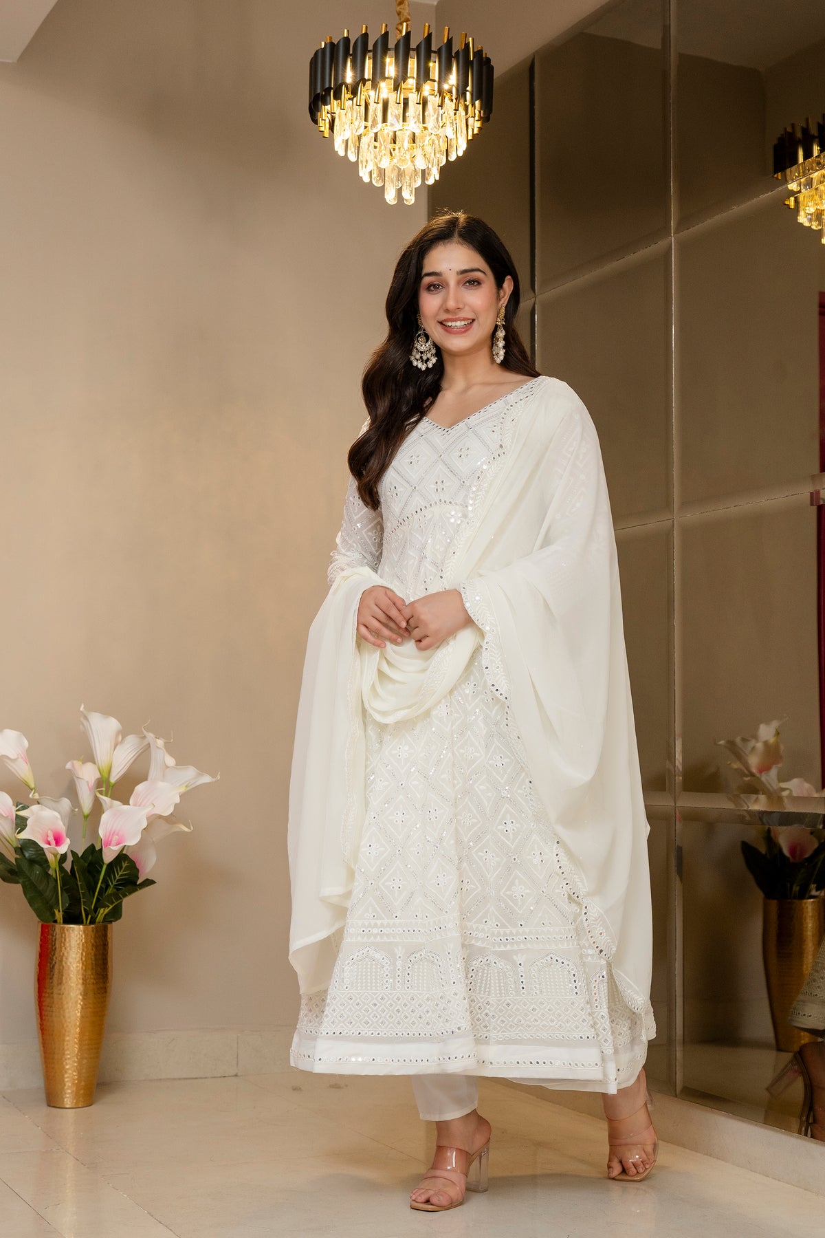 Lucknowi Embroidered Georgette Anarkali Full Stitched Suit Set