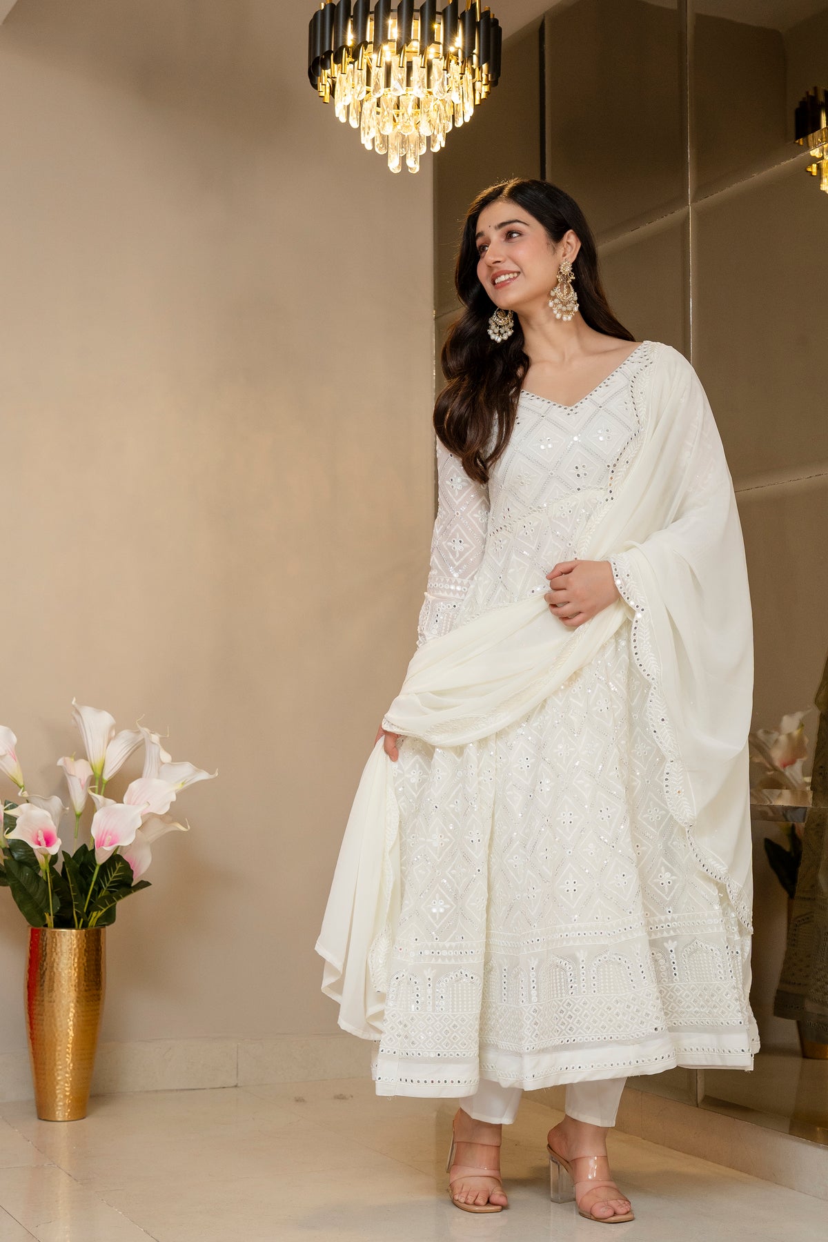 Lucknowi Embroidered Georgette Anarkali Full Stitched Suit Set