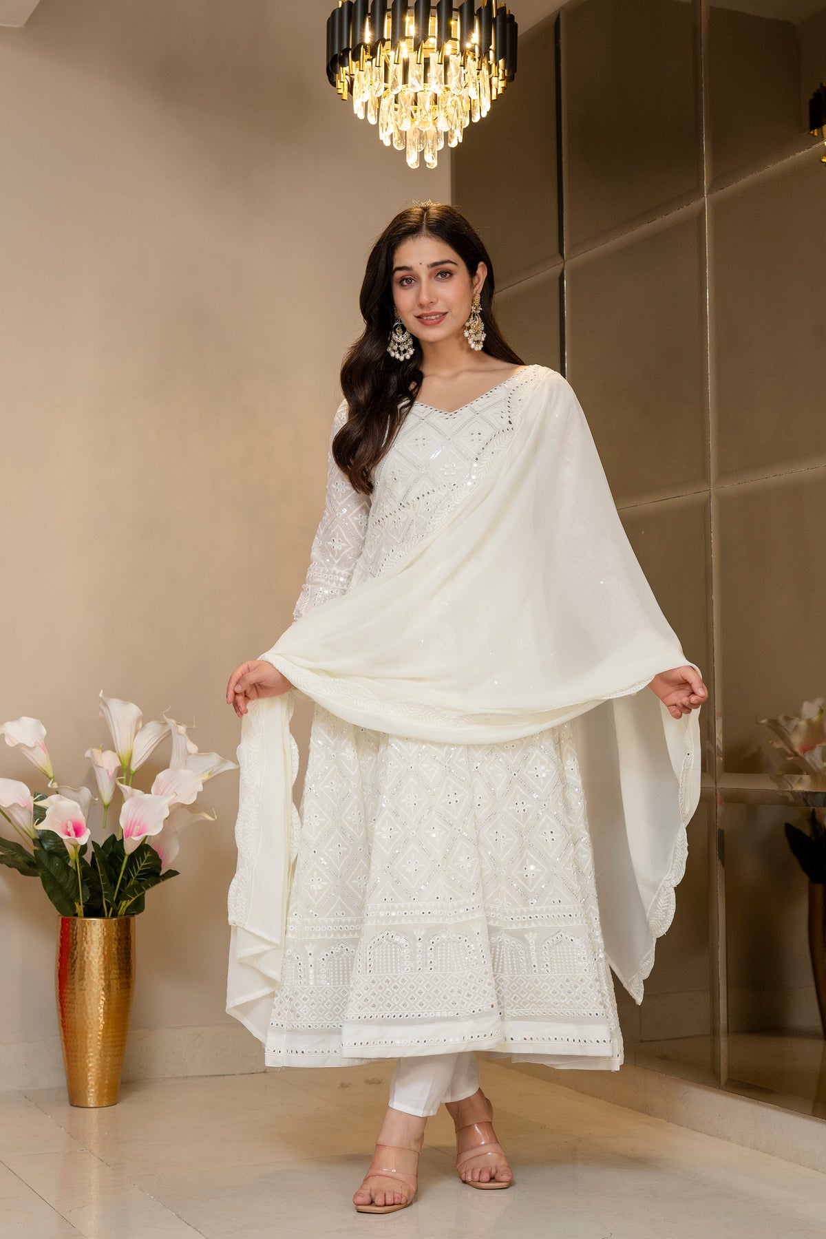 Lucknowi Embroidered Georgette Anarkali Full Stitched Suit Set