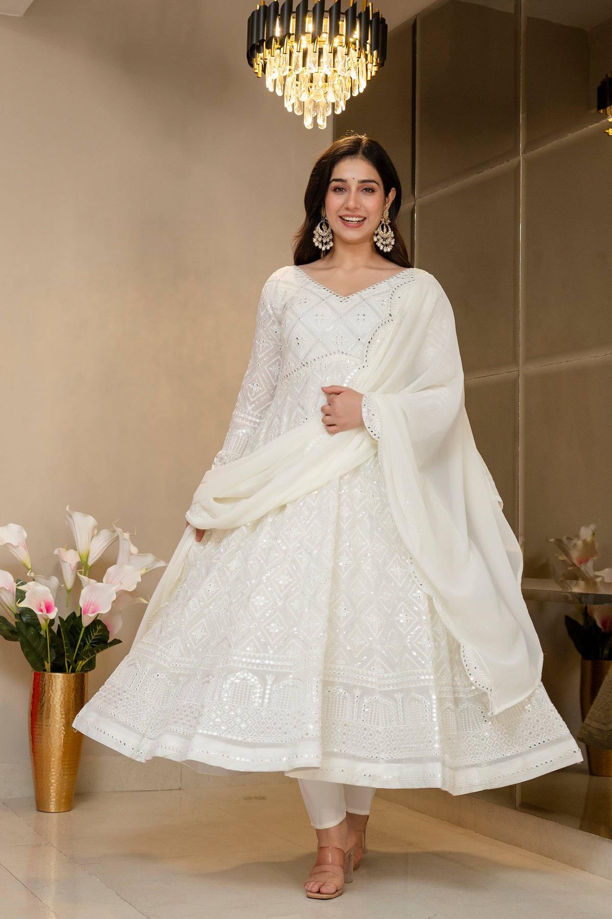 Lucknowi Embroidered Georgette Anarkali Full Stitched Suit Set