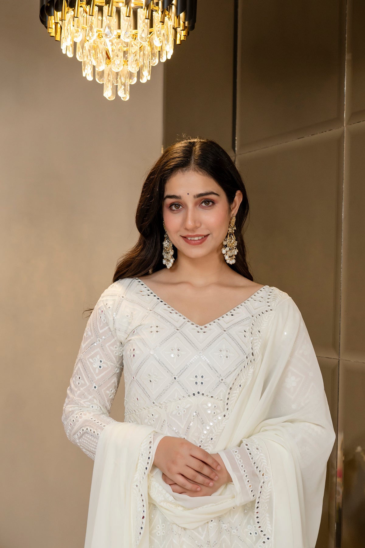 Lucknowi Embroidered Georgette Anarkali Full Stitched Suit Set