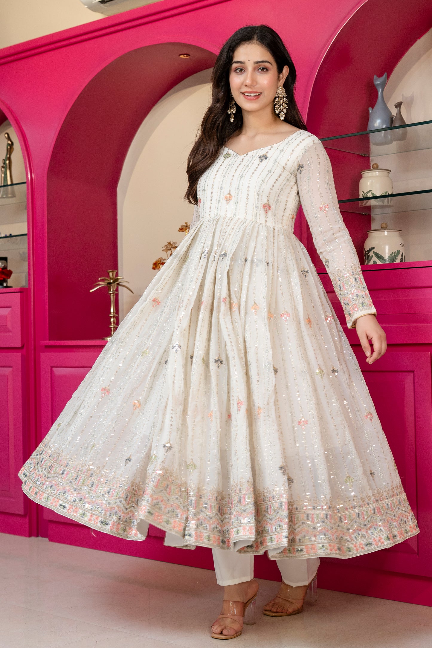 Traditional Off White Anarkali Suit Set