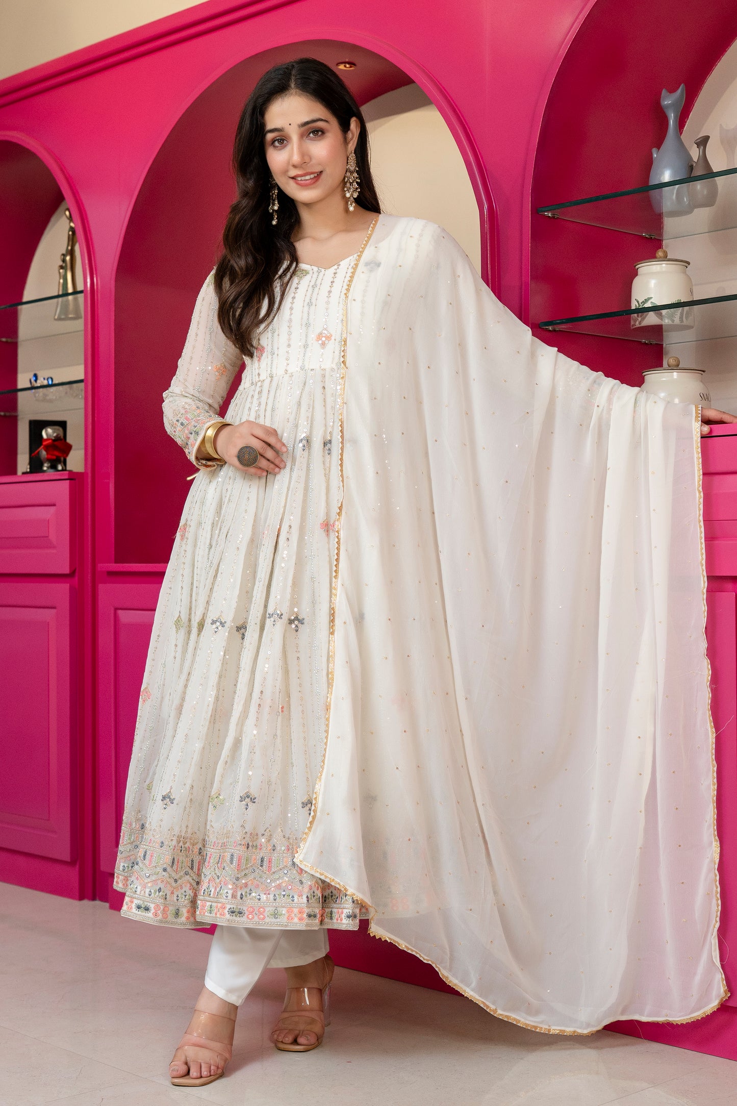 Traditional Off White Anarkali Suit Set