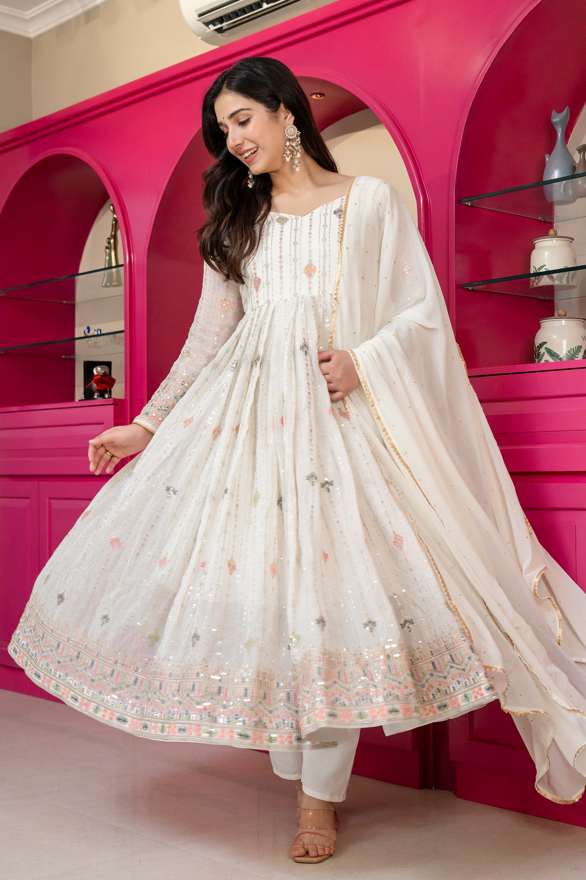 Traditional Off White Anarkali Suit Set