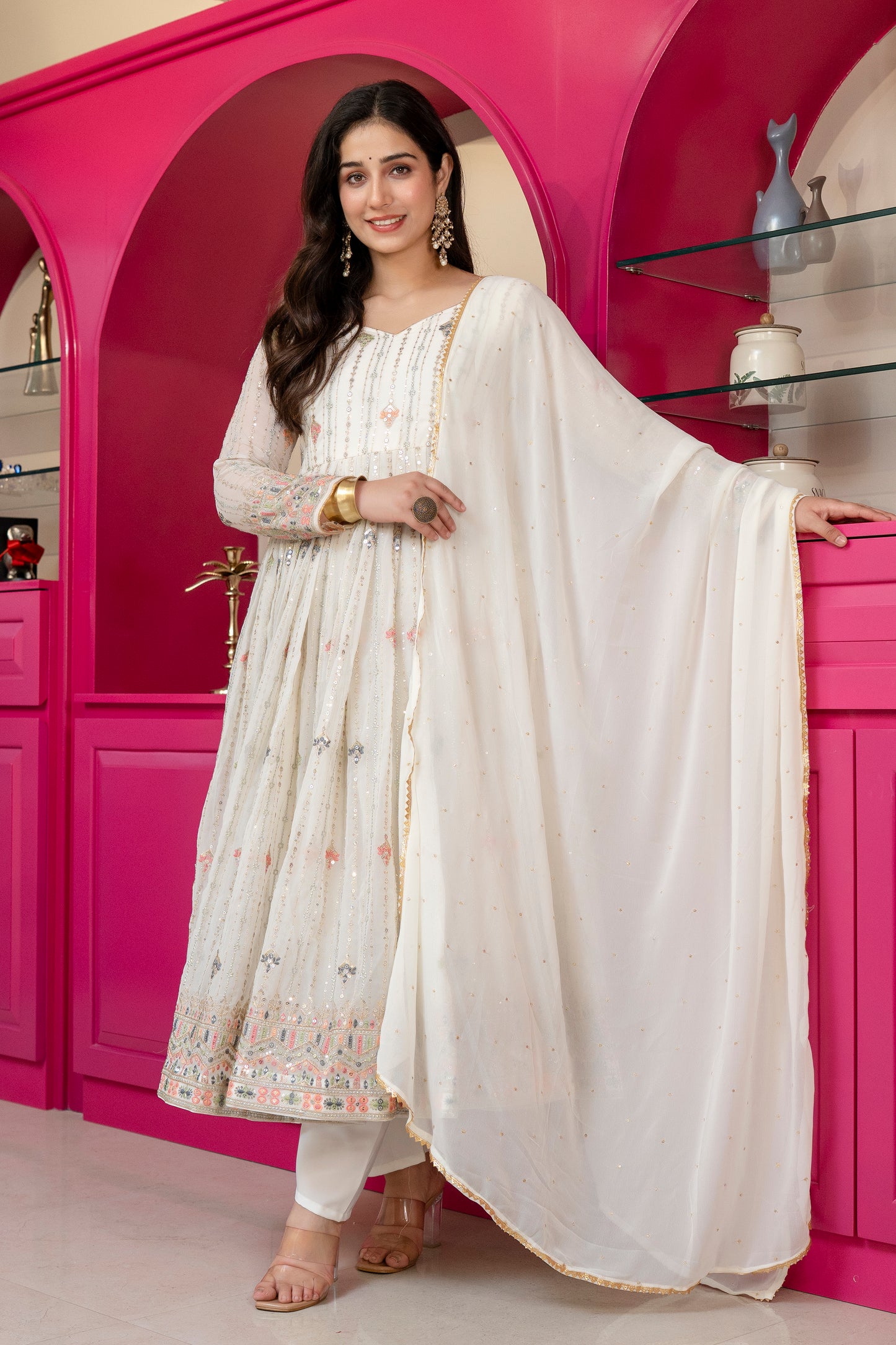 Traditional Off White Anarkali Suit Set