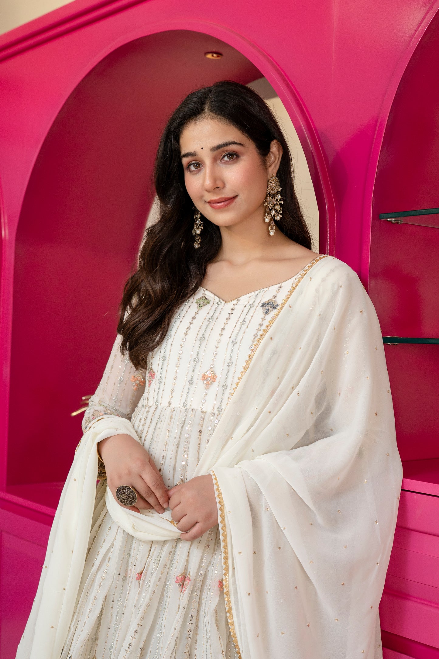 Traditional Off White Anarkali Suit Set